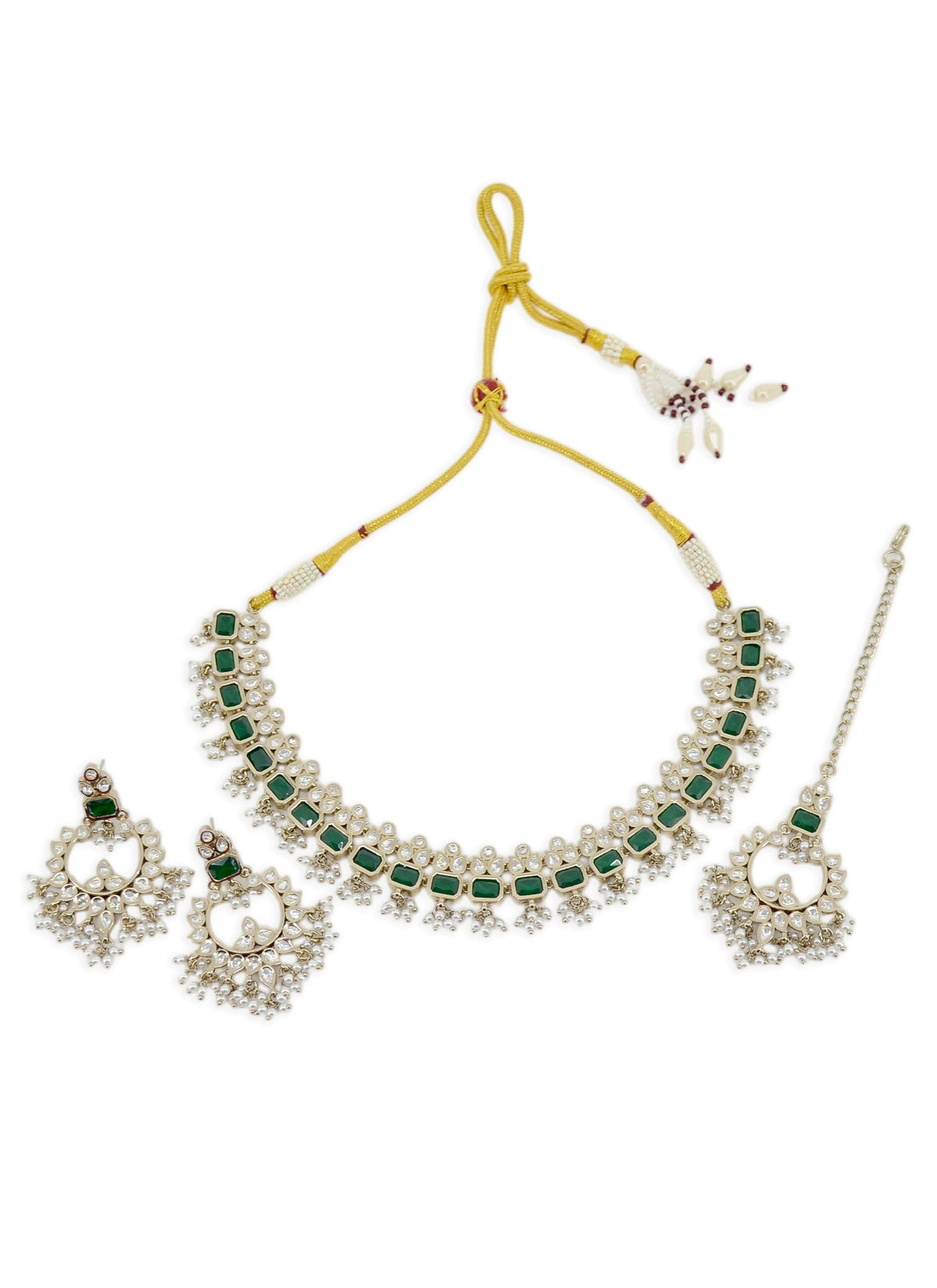 Saloni Fashion Jewellery Leaf and Square Shape Green Kundan Stone Pearl Antique Gold Plated Choker Brass Necklace With Maang Tikka For Women and Girls