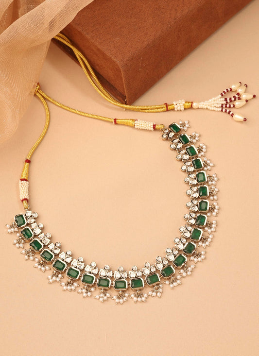 Saloni Fashion Jewellery Leaf and Square Shape Green Kundan Stone Pearl Antique Gold Plated Choker Brass Necklace With Maang Tikka For Women and Girls