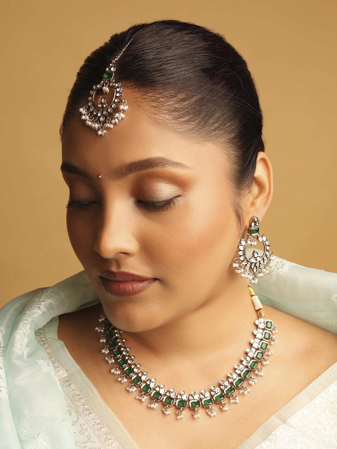 Saloni Fashion Jewellery Leaf and Square Shape Green Kundan Stone Pearl Antique Gold Plated Choker Brass Necklace With Maang Tikka For Women and Girls