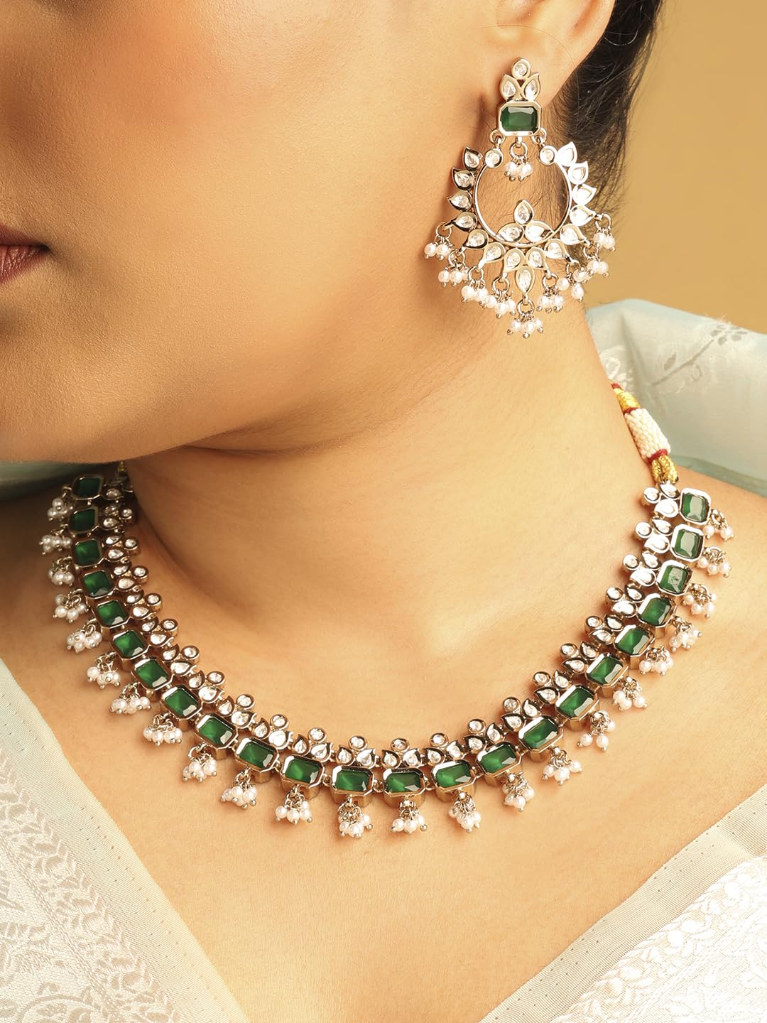 Saloni Fashion Jewellery Leaf and Square Shape Green Kundan Stone Pearl Antique Gold Plated Choker Brass Necklace With Maang Tikka For Women and Girls