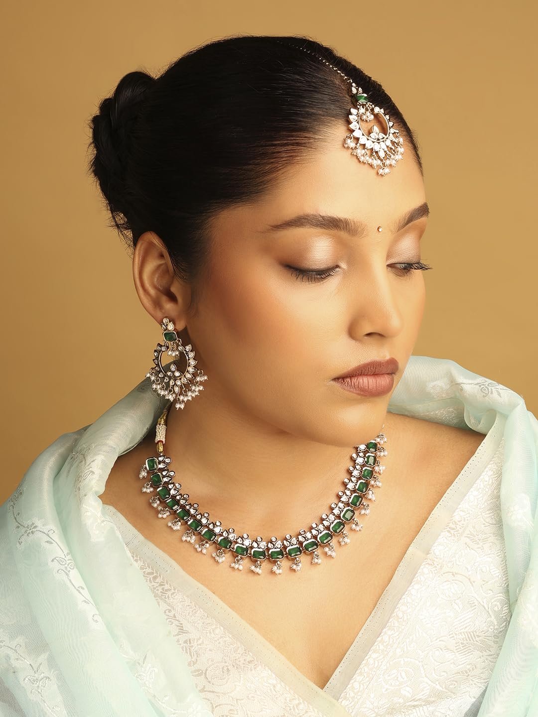 Saloni Fashion Jewellery Leaf and Square Shape Green Kundan Stone Pearl Antique Gold Plated Choker Brass Necklace With Maang Tikka For Women and Girls