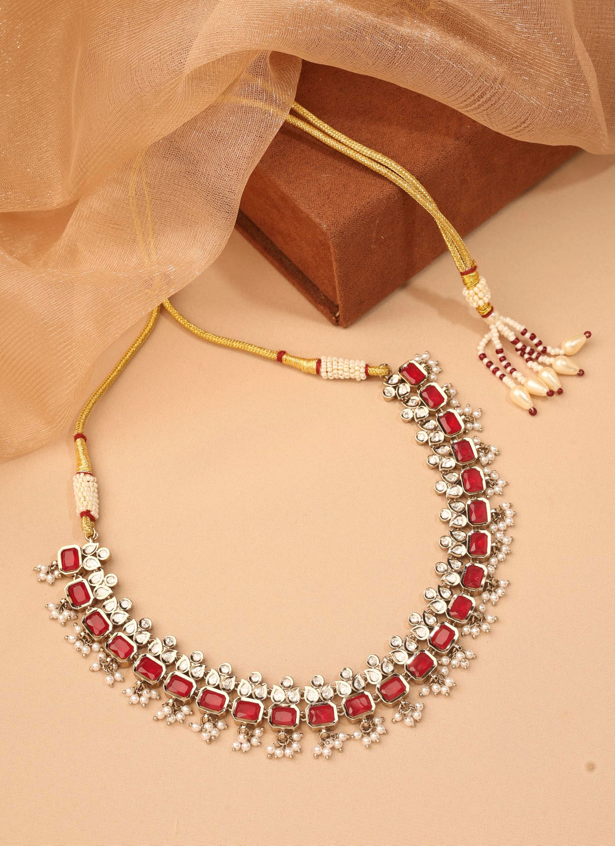 Saloni Fashion Jewellery Leaf and Square Shape Pearl Ruby Kundan Stone Antique Gold Plated Choker Brass Necklace With Maang Tikka For Women and Girls