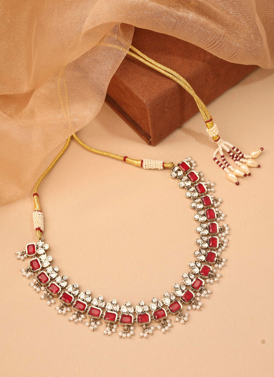 Saloni Fashion Jewellery Leaf and Square Shape Pearl Ruby Kundan Stone Antique Gold Plated Choker Brass Necklace With Maang Tikka For Women and Girls