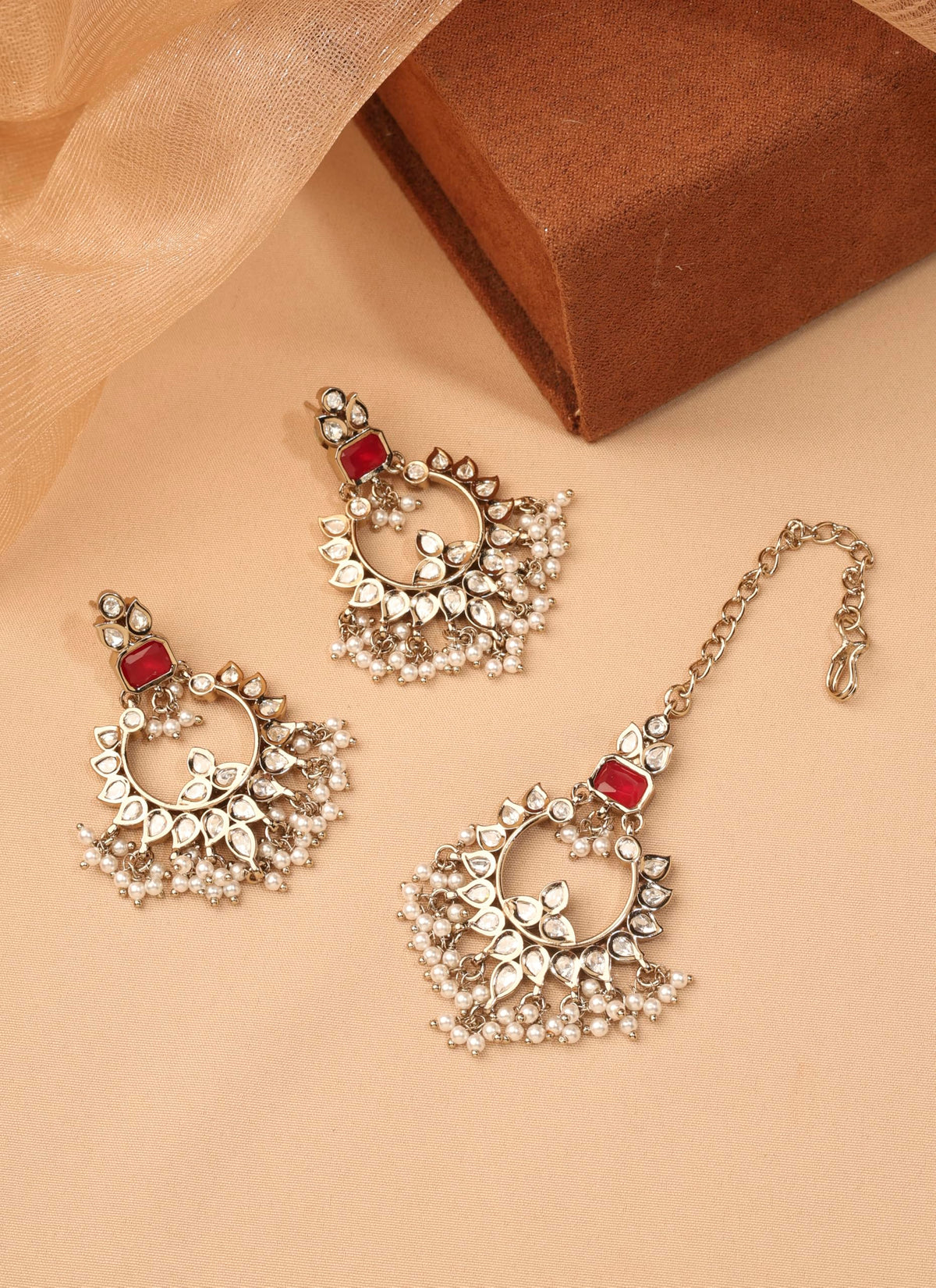 Saloni Fashion Jewellery Leaf and Square Shape Pearl Ruby Kundan Stone Antique Gold Plated Choker Brass Necklace With Maang Tikka For Women and Girls