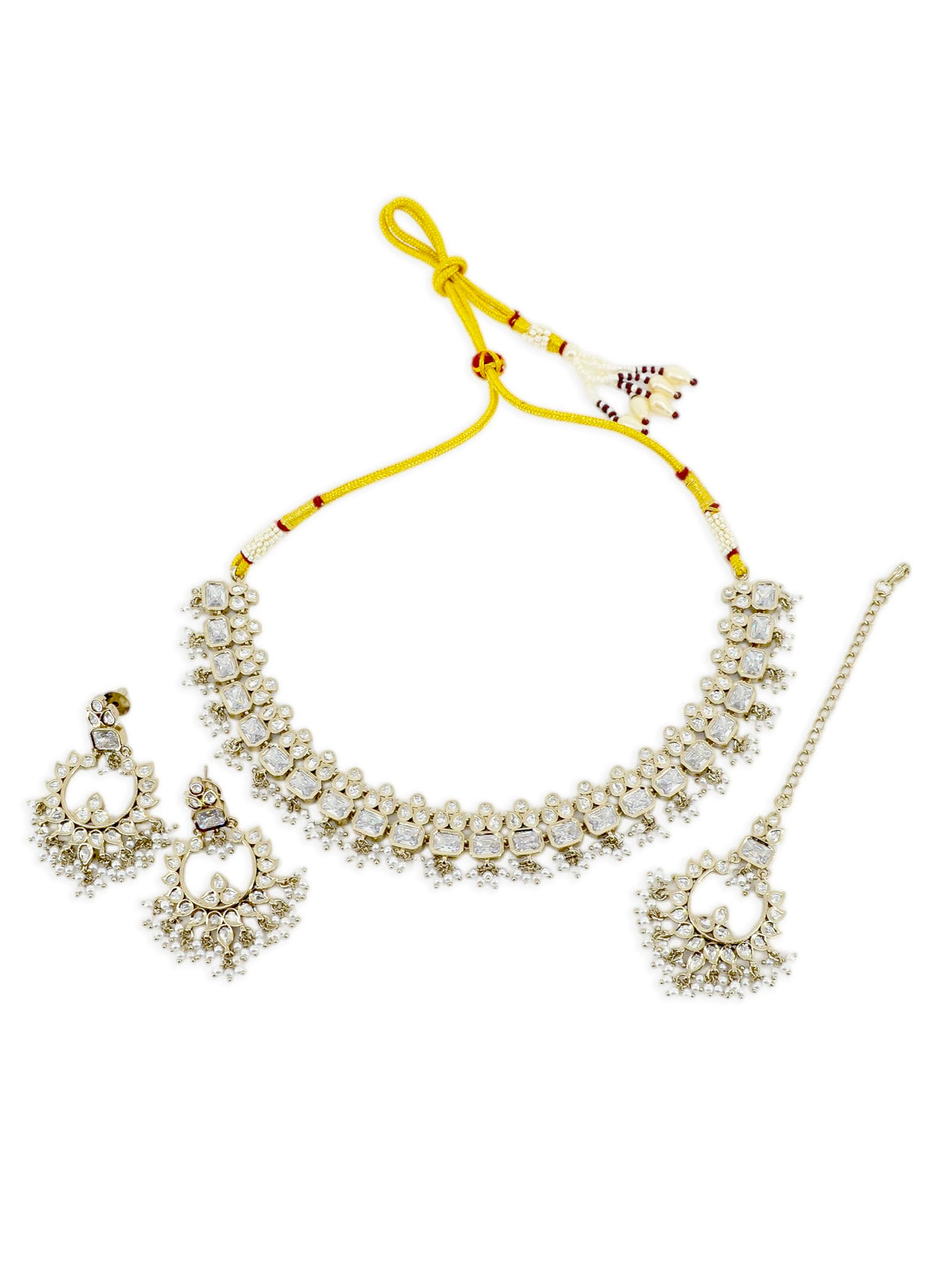 Saloni Fashion Jewellery Leaf and Square Shape White Kundan Stone Pearl Antique Gold Plated Choker Brass Necklace With Maang Tikka For Women and Girls