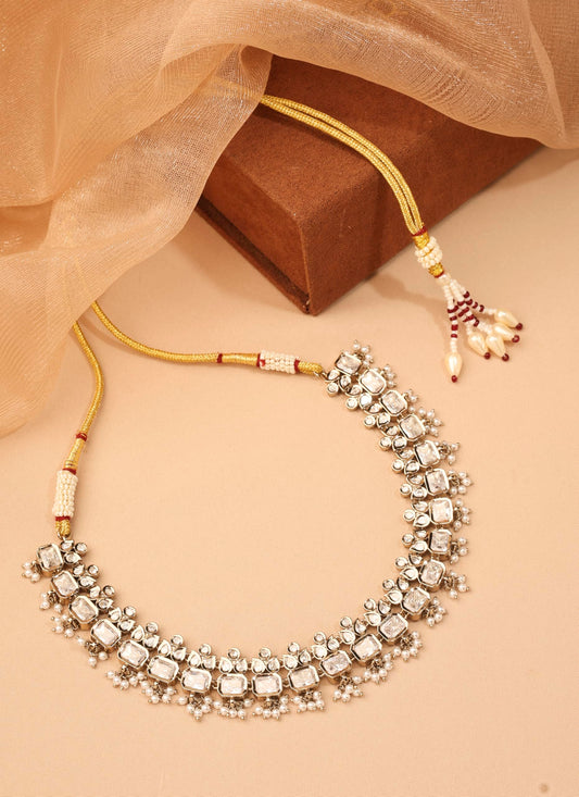 Saloni Fashion Jewellery Leaf and Square Shape White Kundan Stone Pearl Antique Gold Plated Choker Brass Necklace With Maang Tikka For Women and Girls