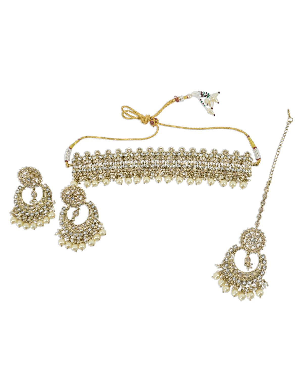 Saloni Fashion Jewellery Leaf Design Uncut Kundan Gold Plated Collar Necklace Set with Maangtikka For Women and Girls
