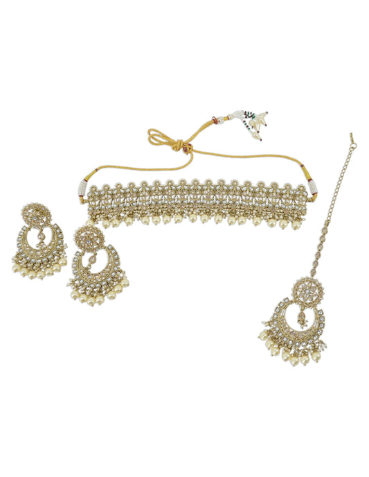 Saloni Fashion Jewellery Leaf Design Uncut Kundan Gold Plated Collar Necklace Set with Maangtikka For Women and Girls