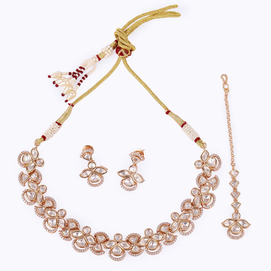 Saloni Fashion Jewellery Leaf Design Uncut Kundan Stone 18 KT Gold Plated Brass Choker Necklace Set with Maang Tikka For Women and Girls