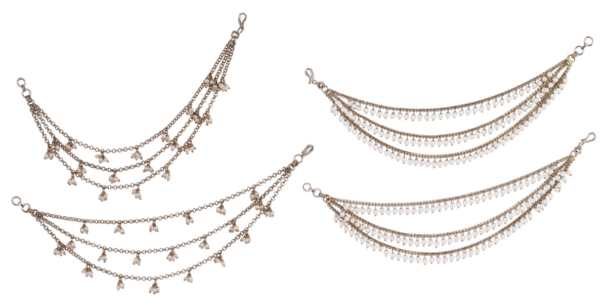 Saloni Fashion Jewellery Marvellous 3 String Long Chain Gold Plated Combo Set of 2 Pearl Ear-Chain (Kaanchain) For Women