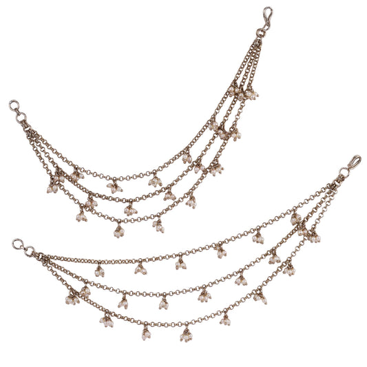 Saloni Fashion Jewellery Marvellous 3 String Long Chain Gold Plated Set of 2 Pearl Ear-Chain (Kaanchain) For Women