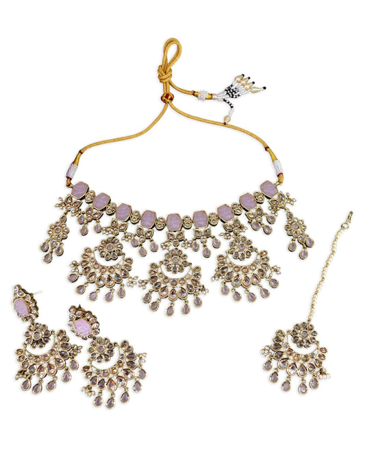 Saloni Fashion Jewellery Modern Round and Oval Shape Uncut Kundan Gold Plated Choker Necklace Set with Maangtikka For Women and Girls