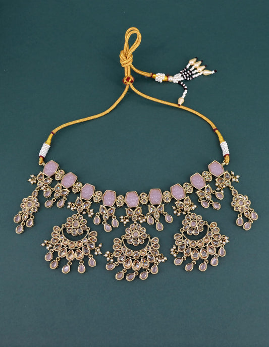 Saloni Fashion Jewellery Modern Round and Oval Shape Uncut Kundan Gold Plated Choker Necklace Set with Maangtikka For Women and Girls