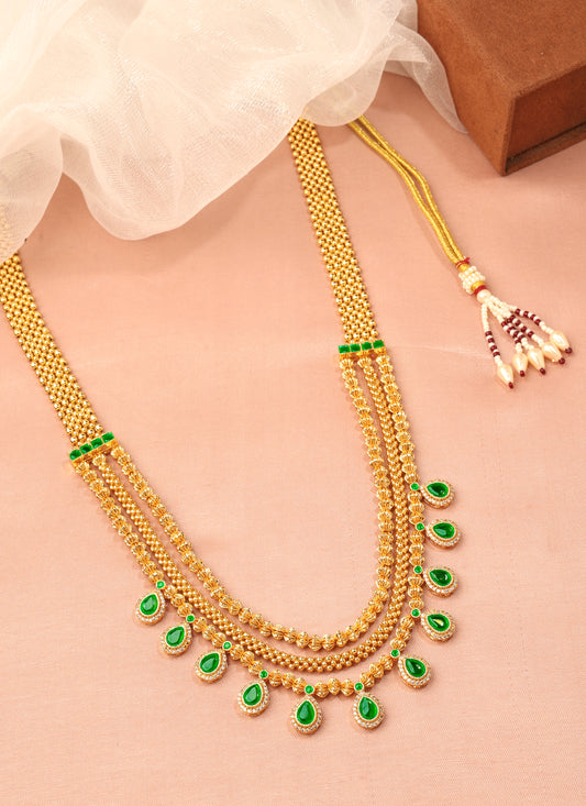 Oval and 3 String Small Golden Balls Brass Gold Plated Long Haram Necklace | Saloni Jewellery