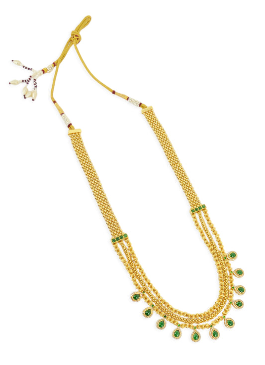 Oval and 3 String Small Golden Balls Brass Gold Plated Long Haram - close-up detail | Saloni