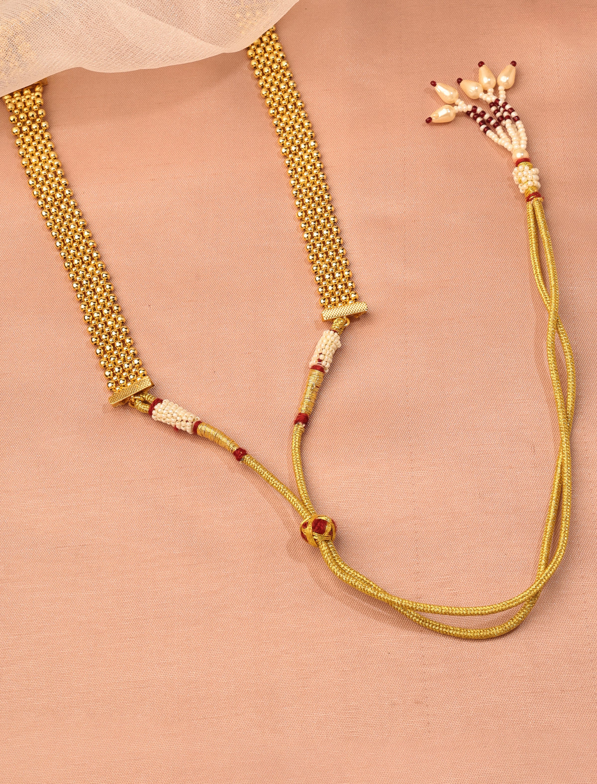 Oval and 3 String Small Golden Balls Brass Gold Plated Long Haram - back view | Saloni