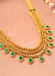 Oval and 3 String Small Golden Balls Brass Gold Plated Long Haram - styled view | Saloni