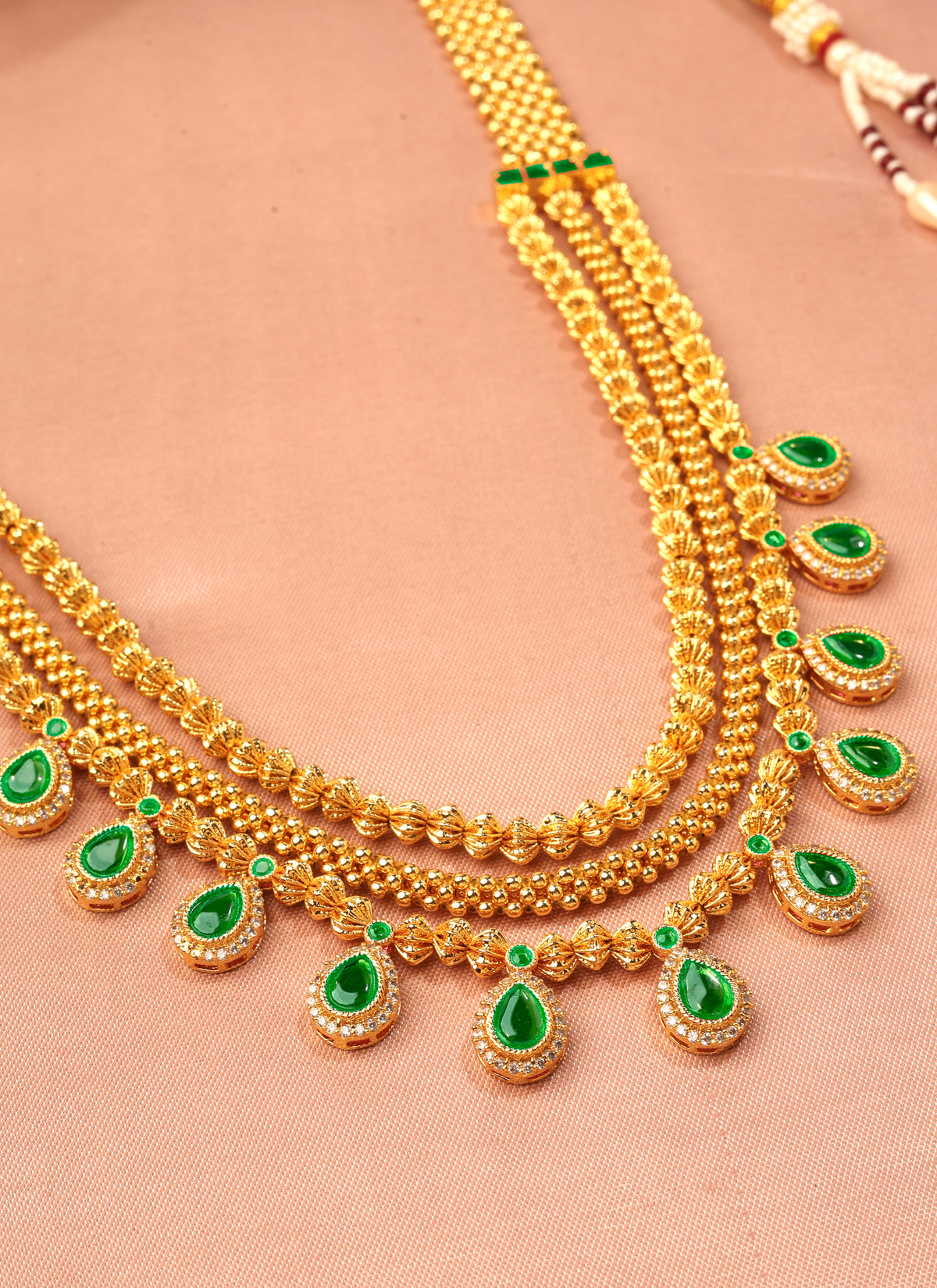 Oval and 3 String Small Golden Balls Brass Gold Plated Long Haram - styled view | Saloni