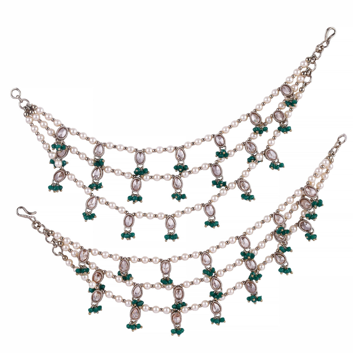 Saloni Fashion Jewellery Oval and Circle Shape 3 String Green Kundan Stone Pearl Antique Gold Plated Set Of 2 Ear-Chain (Kaanchain) For Women and Girls