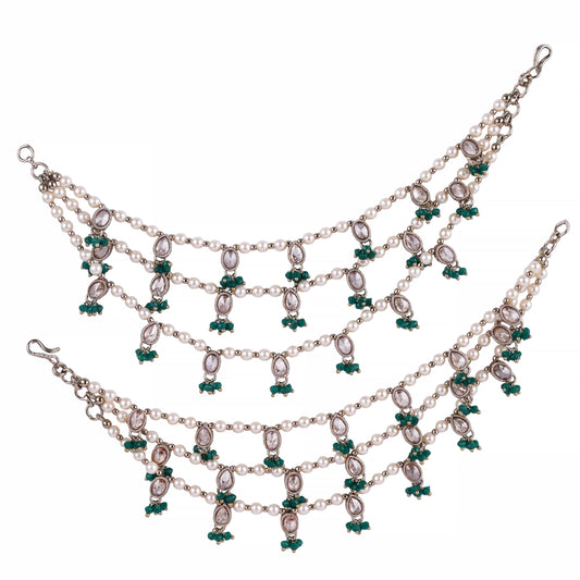 Saloni Fashion Jewellery Oval and Circle Shape 3 String Green Kundan Stone Pearl Antique Gold Plated Set Of 2 Ear-Chain (Kaanchain) For Women and Girls