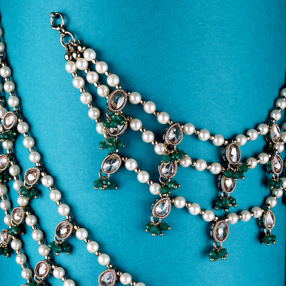 Saloni Fashion Jewellery Oval and Circle Shape 3 String Green Kundan Stone Pearl Antique Gold Plated Set Of 2 Ear-Chain (Kaanchain) For Women and Girls