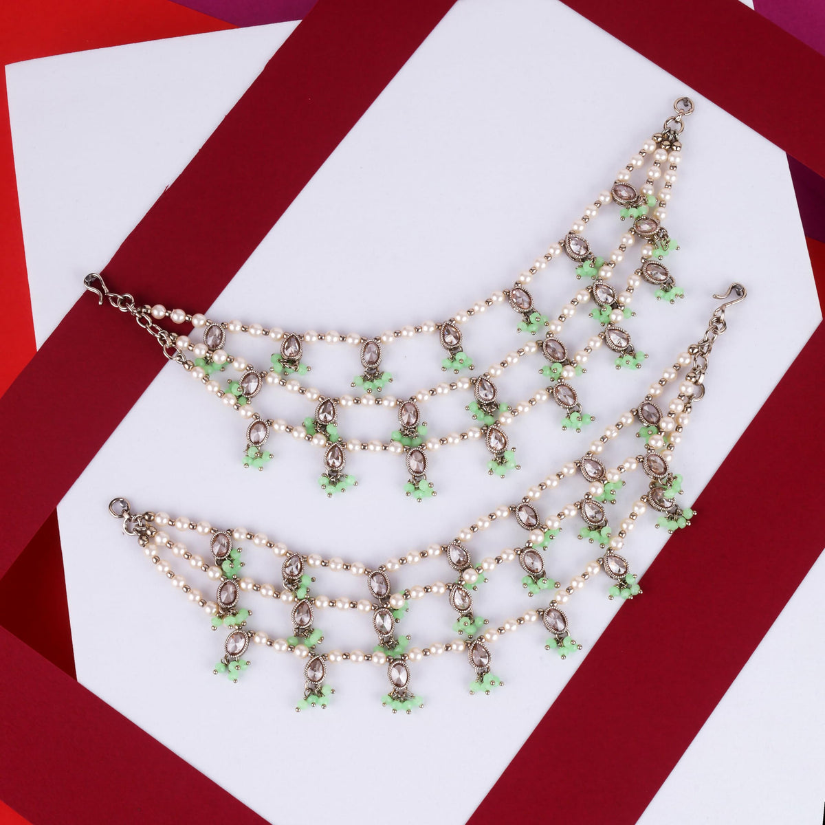 Saloni Fashion Jewellery Oval and Circle Shape 3 String Light Green Kundan Stone Pearl Antique Gold Plated Set Of 2 Ear-Chain (Kaanchain) For Women and Girls