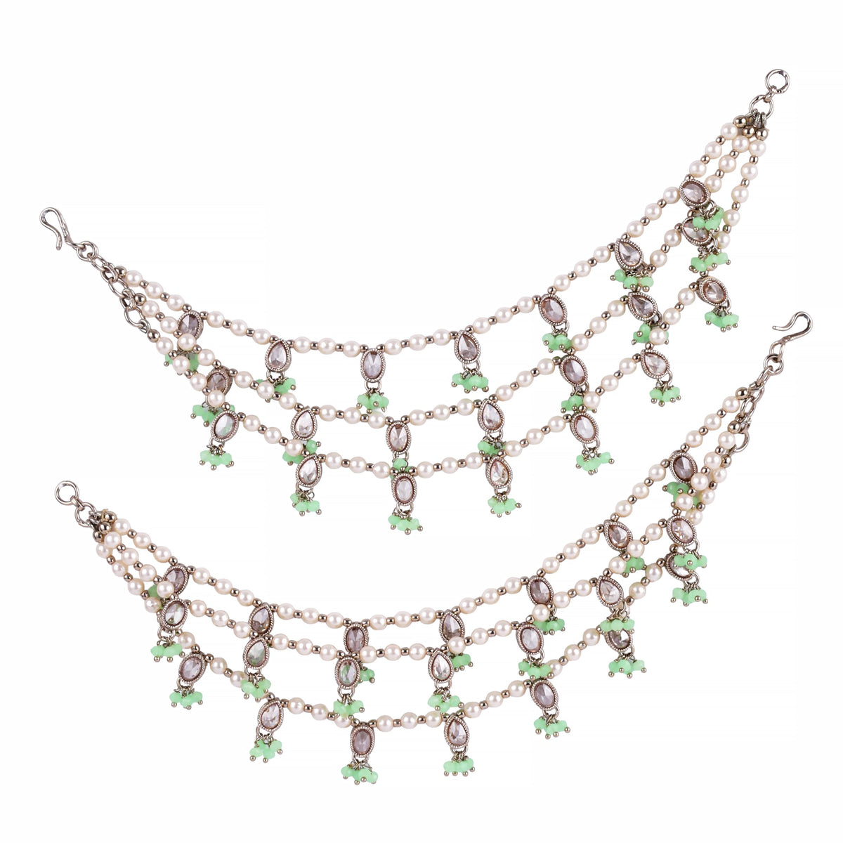 Saloni Fashion Jewellery Oval and Circle Shape 3 String Light Green Kundan Stone Pearl Antique Gold Plated Set Of 2 Ear-Chain (Kaanchain) For Women and Girls