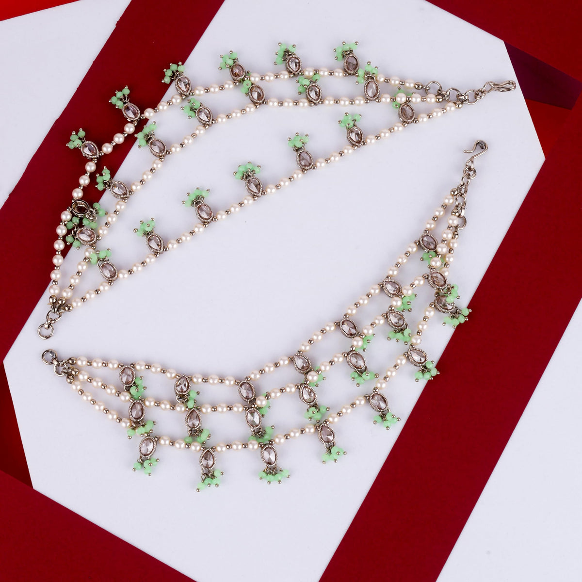 Saloni Fashion Jewellery Oval and Circle Shape 3 String Light Green Kundan Stone Pearl Antique Gold Plated Set Of 2 Ear-Chain (Kaanchain) For Women and Girls