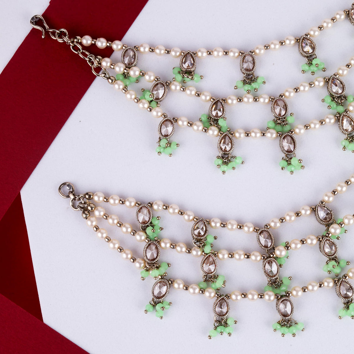 Saloni Fashion Jewellery Oval and Circle Shape 3 String Light Green Kundan Stone Pearl Antique Gold Plated Set Of 2 Ear-Chain (Kaanchain) For Women and Girls