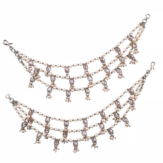 Saloni Fashion Jewellery Oval and Circle Shape 3 String White Kundan Stone Pearl Antique Gold Plated Set Of 2 Ear-Chain (Kaanchain) For Women and Girls