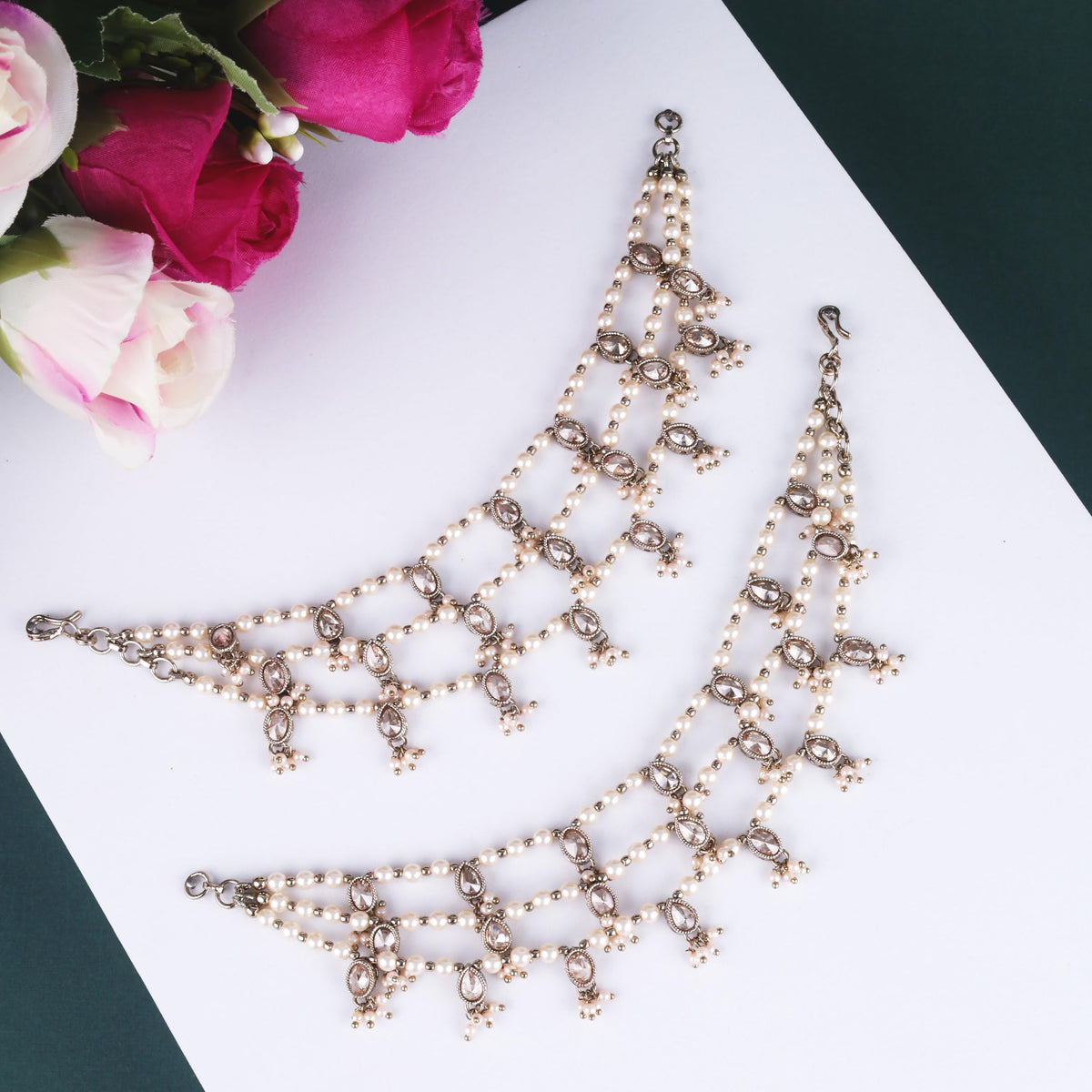 Saloni Fashion Jewellery Oval and Circle Shape 3 String White Kundan Stone Pearl Antique Gold Plated Set Of 2 Ear-Chain (Kaanchain) For Women and Girls