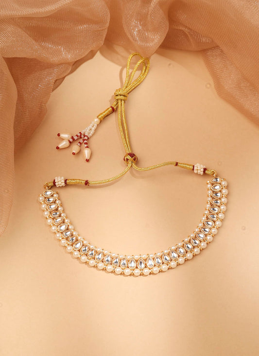 Saloni Fashion Jewellery Oval and Flower Design Pearl White Kundan Stone Gold Plated Choker Necklace With Maang Tikka For Women and Girls