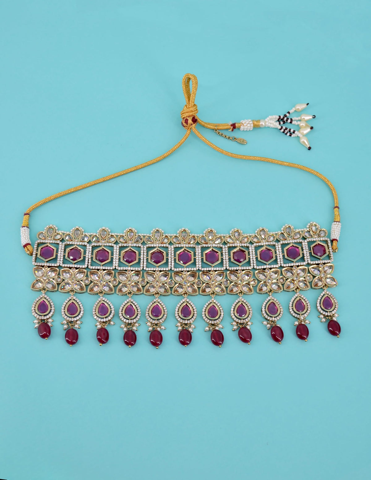 Saloni Fashion Jewellery Oval and Flower Shape Uncut Kundan Gold Plated Collar Necklace Set with Maangtikka For Women and Girls