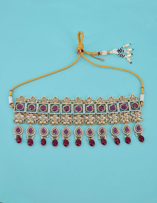 Saloni Fashion Jewellery Oval and Flower Shape Uncut Kundan Gold Plated Collar Necklace Set with Maangtikka For Women and Girls