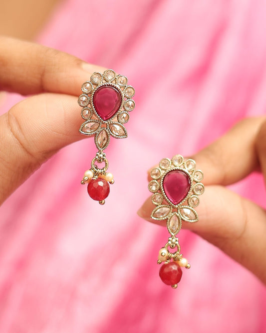 Saloni Fashion Jewellery Oval and Leaf Design Gold Plated Ruby Kundan Stone Dangle Earring For Women and Girls