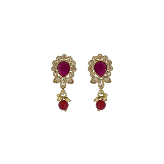 Saloni Fashion Jewellery Oval and Leaf Design Gold Plated Ruby Kundan Stone Dangle Earring For Women and Girls