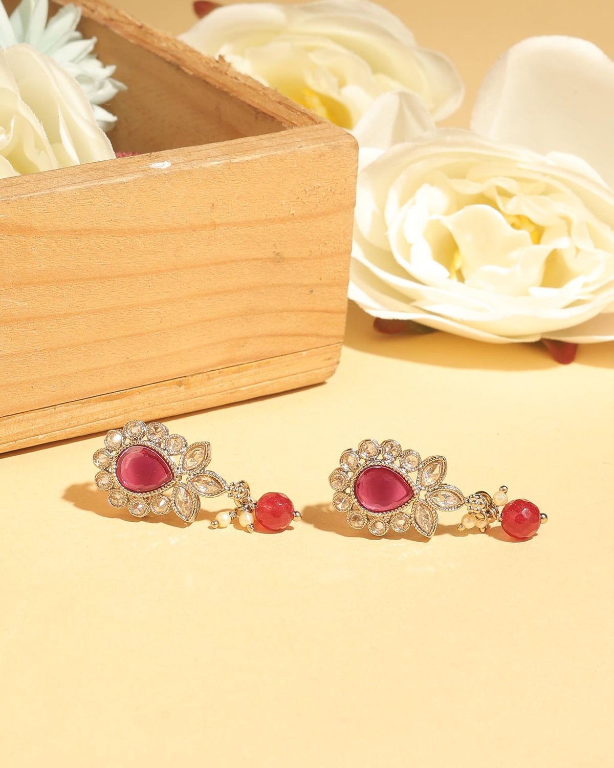 Saloni Fashion Jewellery Oval and Leaf Design Gold Plated Ruby Kundan Stone Dangle Earring For Women and Girls - view 6