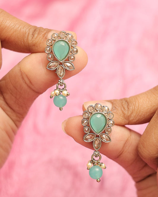 Saloni Fashion Jewellery Oval and Leaf Design Gold Plated Sky Blue Kundan Stone Dangle Earring For Women and Girls