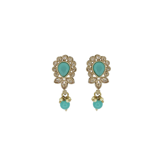 Saloni Fashion Jewellery Oval and Leaf Design Gold Plated Sky Blue Kundan Stone Dangle Earring For Women and Girls