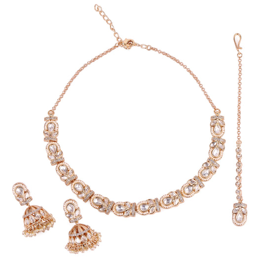 Saloni Fashion Jewellery Oval and Leaf Design Uncut Kundan Stone 18 KT Gold Plated Brass Choker Necklace Set with Maang Tikka For Women and Girls