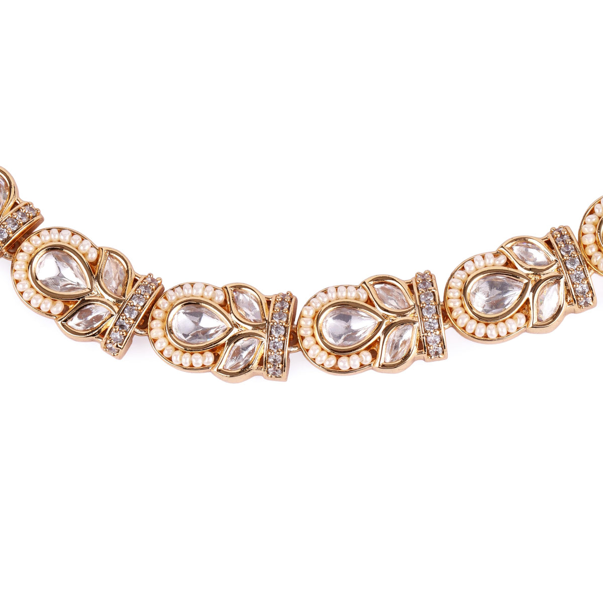 Saloni Fashion Jewellery Oval and Leaf Design Uncut Kundan Stone 18 KT Gold Plated Brass Choker Necklace Set with Maang Tikka For Women and Girls - view 3