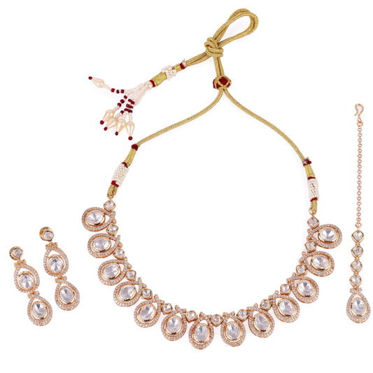 Saloni Fashion Jewellery Oval and Round Shape Uncut Kundan Stone 18 KT Gold Plated Brass Choker Necklace Set with Maang Tikka For Women and Girls