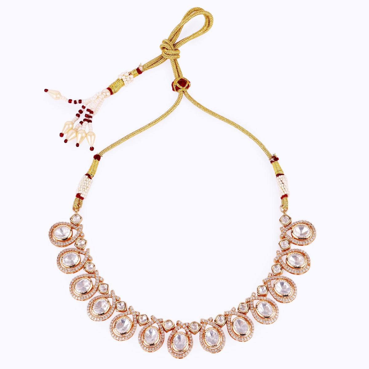 Saloni Fashion Jewellery Oval and Round Shape Uncut Kundan Stone 18 KT Gold Plated Brass Choker Necklace Set with Maang Tikka For Women and Girls - view 5