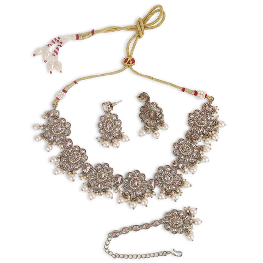 Saloni Fashion Jewellery Oval Shape and Flower Design Silver Antique Gold Plated Choker Jewellery Set For Women