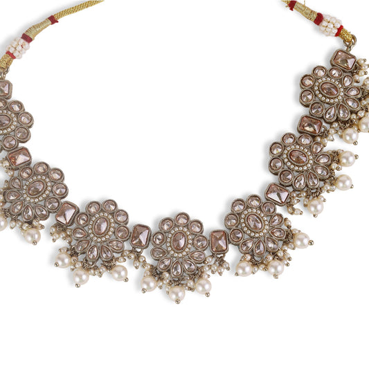 Saloni Fashion Jewellery Oval Shape and Flower Design Silver Antique Gold Plated Choker Jewellery Set For Women