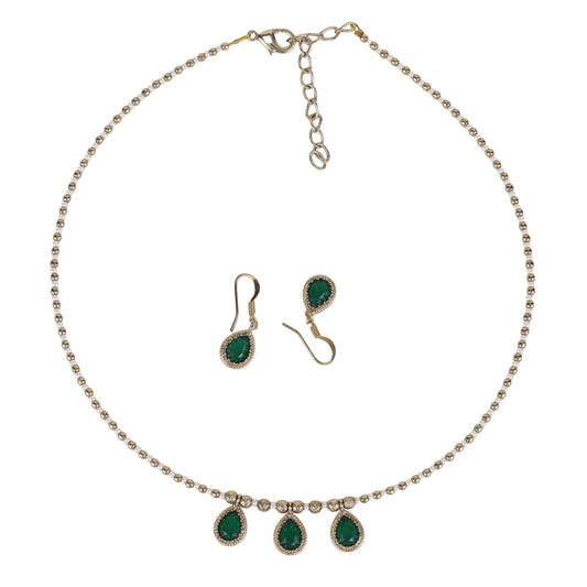 Saloni Fashion Jewellery Oval Shape Green Crystal Gold Plated Matinee Necklace Set (Mala) For Women