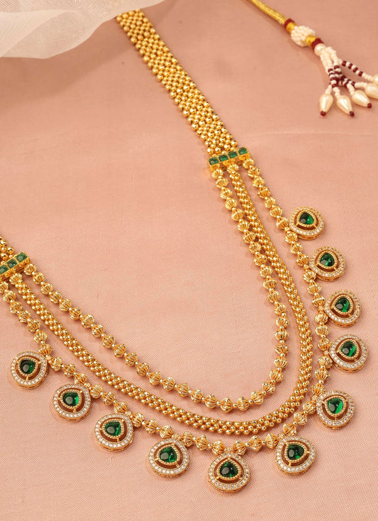 Saloni Fashion Jewellery Oval Shape Green Kundan Stone 3 String Small Golden Balls Gold Plated Long Haram Brass Necklace For Women and Girls