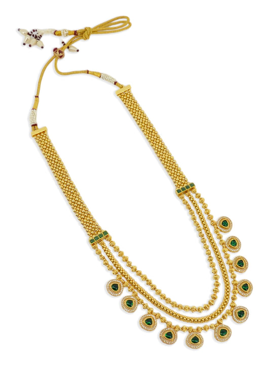 Saloni Fashion Jewellery Oval Shape Green Kundan Stone 3 String Small Golden Balls Gold Plated Long Haram Brass Necklace For Women and Girls