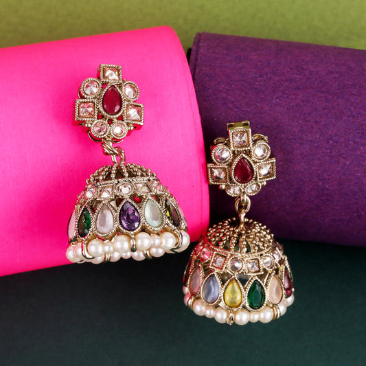 Saloni Fashion Jewellery Oval Shape Multi Uncut Kundan Stone Antique Gold Plated Jhumki Earring For Women and Girls