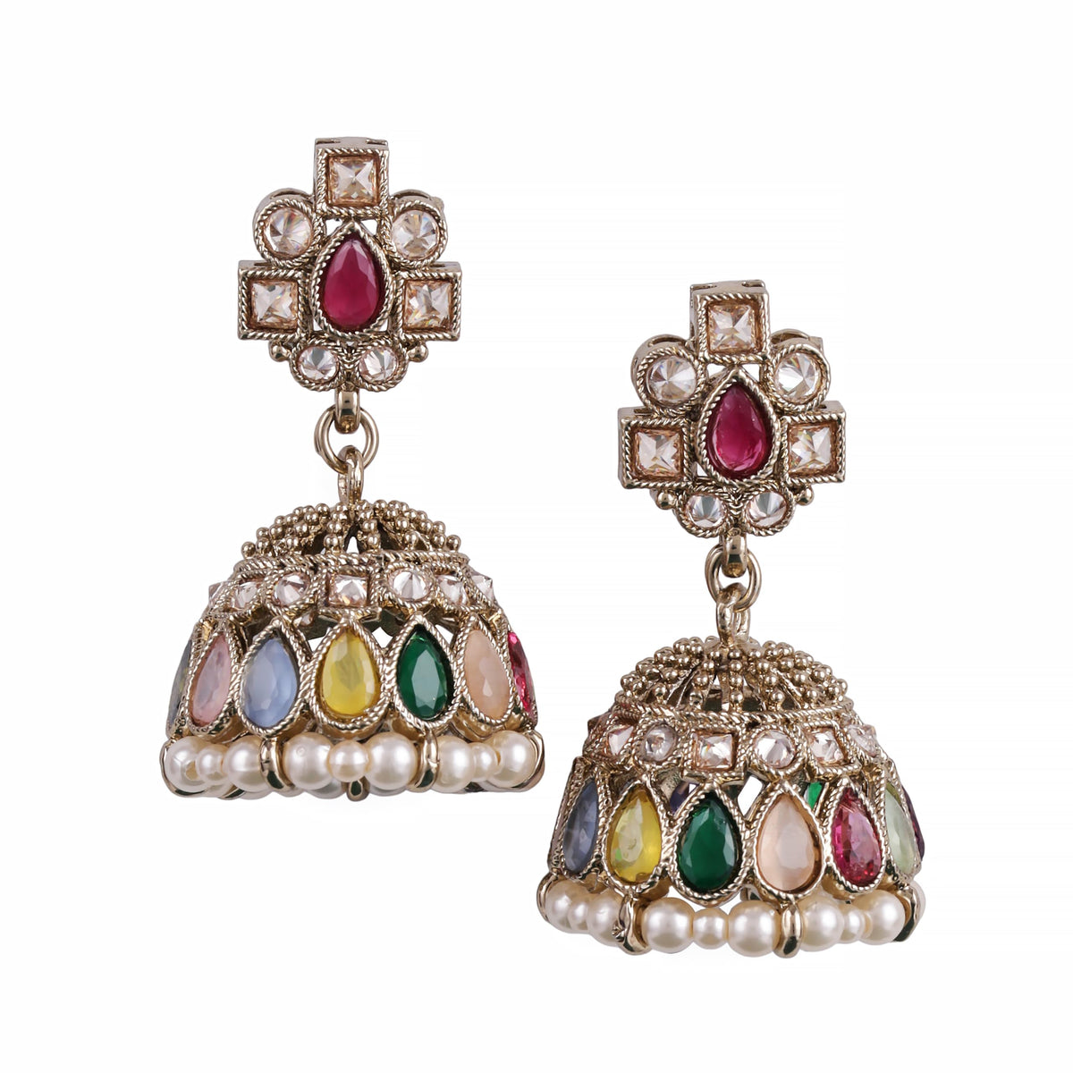 Saloni Fashion Jewellery Oval Shape Multi Uncut Kundan Stone Antique Gold Plated Jhumki Earring For Women and Girls - view 2
